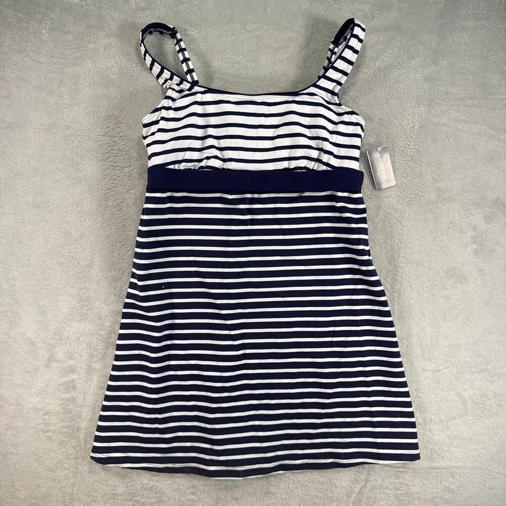 Lands' End Navy White Stripe Square Neck Swim Dress Size 8 NWT A
